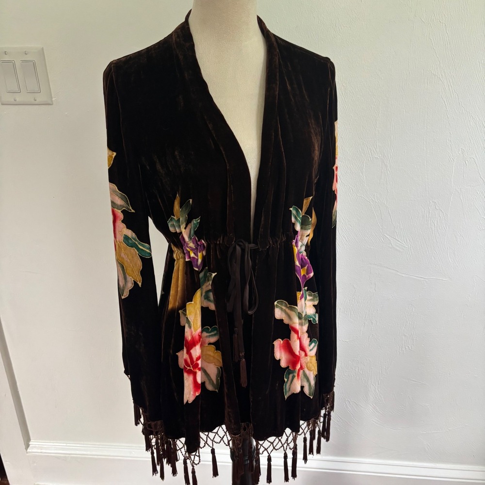 Boston Proper Velvet Kimono Cardigan Jacket Medium Brown Floral Tassels Boho M